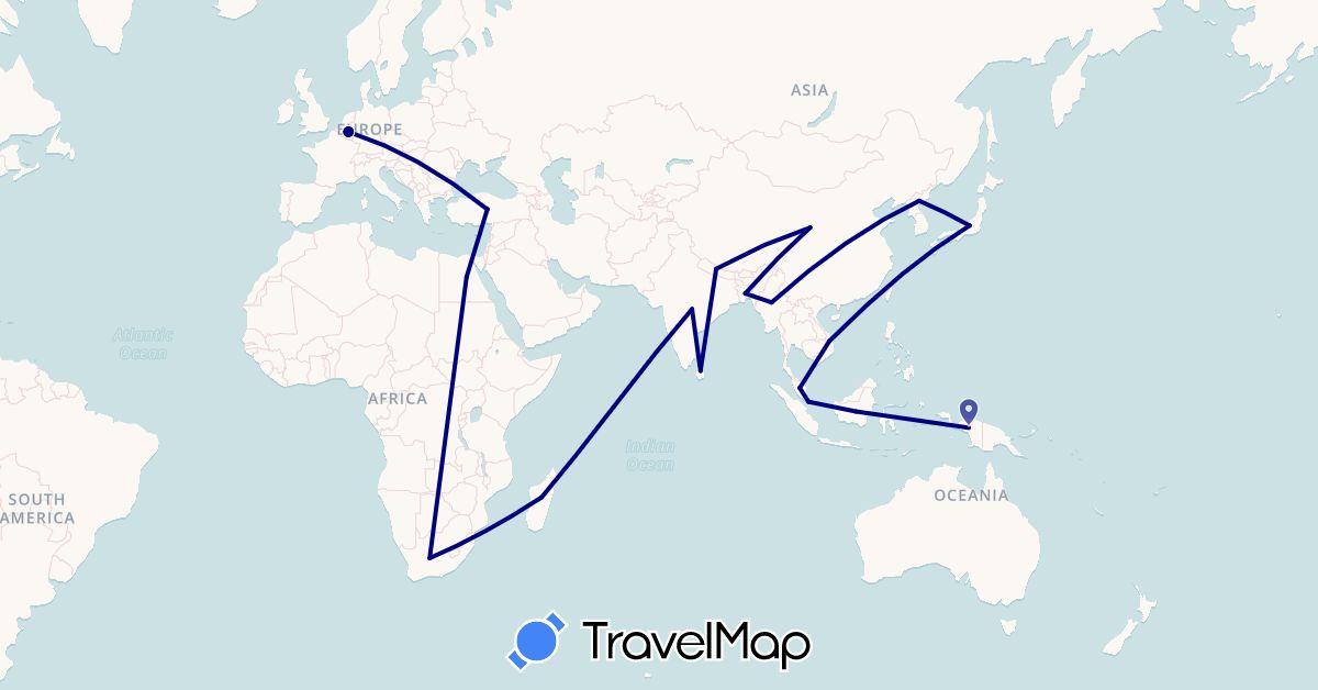 TravelMap itinerary: driving in Bangladesh, Belgium, China, Egypt, Indonesia, India, Japan, North Korea, Sri Lanka, Madagascar, Myanmar (Burma), Malaysia, Nepal, Singapore, Turkey, Vietnam, South Africa (Africa, Asia, Europe)